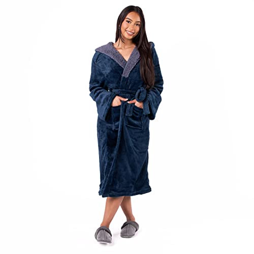 Sienna Super Soft Flannel Fleece Hooded Dressing Gown Womens Sherpa Lined Fluffy Luxurious Comfy Cosy Bathrobe Gifts for Mum (Navy Blue, One Size Fits All - Adults Men Women)