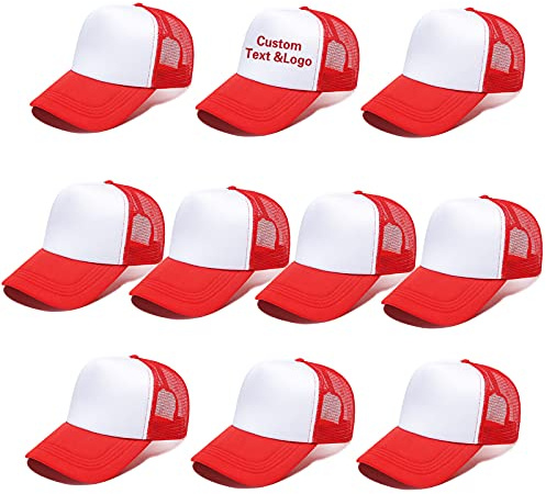 Ultrafun Trucker-Mütze, Netzstoff-Sublimation, blanko, verstellbare Baseballkappen, Hüte für Männer und Frauen, 10 Stück, rot / weiß, Einheitsgröße
