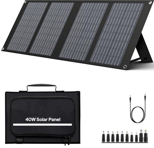 EnginStar Panel solar de 40 W, panel solar plegable para estación de energía portátil, puerto USB QC3.0 para teléfono, laptop, salida de 12 a 15 V CC (10 conectores) para acampar al aire libre RV