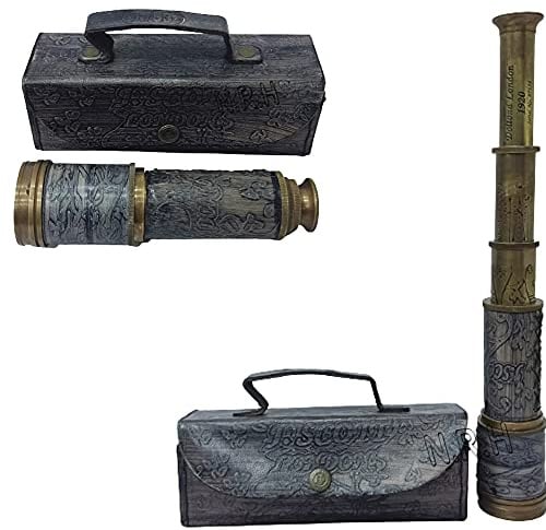 Nautisches Piraten-Messing-Teleskop mit Lederbox, Seemannsdekoration, Piratenkapitän, graues Leder, Teleskop Boot, Spielzeug, Geschenk (35,6 cm, Puppe)