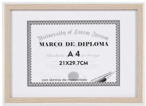 Bilderrahmen für Diplom, A4, Dekoration, 21 x 29,7 cm, mit Standfuß und Plexiglasfolie (Holz weiß)