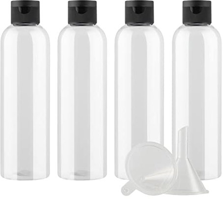 ZEOABSY 4 Pièces 250 ML Transparent Bouteille en Plastique avec Bouchon à Charnière Noir, DIY Vider Bouteille Ronde en PET de Voyage pour Cosmétiques Liquides