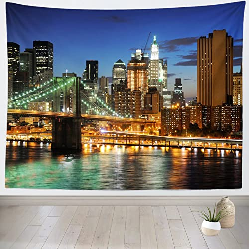 Loccor New York City Wandteppich, 304,8 x 203,2 cm, extra groß, Brooklyn Bridge, Manhattan, Nacht, Skyline, Hudson River, Wandbehang für Schlafzimmer, Wohnzimmer, Heimdekoration