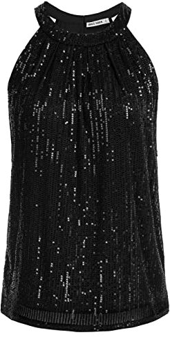 Damen Ärmellose Tank Tops Pailletten Bluse T-Shirt Rundhals Casual Oberteile Schwarz L CL1792A22-02
