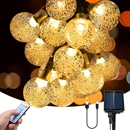 SHENKEY Solar Lichterkette Aussen, 60 LED Kugel-Lichterkette mit Fernbedienung, Solar-/USB-betrieben, wasserdicht für Garten, Innen- und Außendekorationen (Warmweiß)