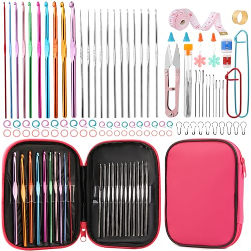 96 PCS Crochet Hooks Kit, Crochet Needles Set with Storage Bag, Aluminum Crochet Hooks with Stitch Markers and Large-Eye Blunt Needles for Experienced Crochet Hook Lovers