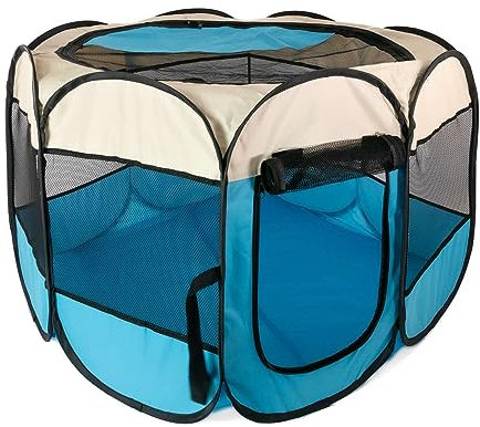 Intirilife Laufstall für Haustiere 77 x 58 cm Spielzelt aus Oxford-Gewebe in Blau - Faltbar mit Tragetasche für Hunde Katzen Welpen Stall Tierlaufstall