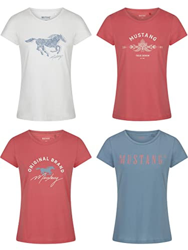 MUSTANG Damen T-Shirt 4er Pack Slim Fit Rundhals O-Neck Basic Kurzarm Logo Print Sommer Shirt 100% Baumwolle Weiß Blau Grün Rot S M L XL XXL, Größe:S, Farbe:Farbmix 1