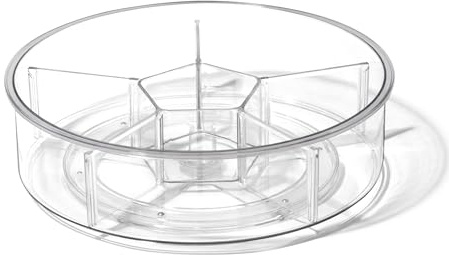 BINO Organizador redondo de plástico con 6 compartimentos, transparente, contenedor giratorio dividido para tocadiscos, almacenamiento giratorio para botellas, condimentos, nevera, cocina, despensa,