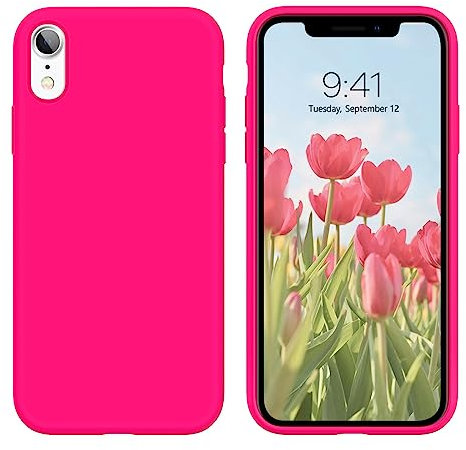 DOMAVER Cover per iPhone XR Silicone, Liquido Case Sottile Rigida iPhone XR Antiurto Protection, Morbida Fodera in Microfibra Cover per iPhone XR 6,1 - Rosa Fluo