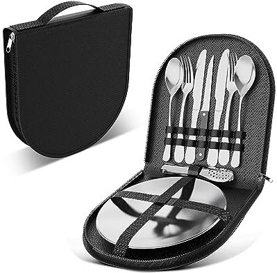 Yoassi Camping Cutlery Set,10 Pcs Stainless Steel Picnic Camping Tableware Set for 2 People, Portable Travel Cutlery with Spoon, Fork, Knife, Plate Clip for Camping, Picnic, Hiking, Outdoor