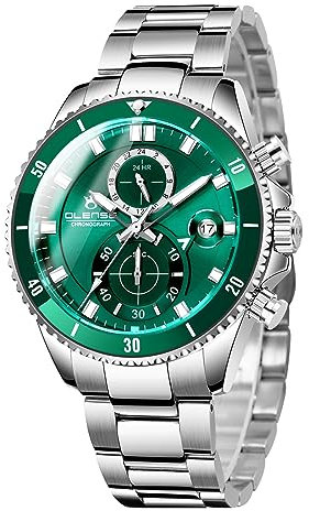 FORSINING Modischer Chronograph für Herren, Edelstahlband, Quarz, Herren-Armbanduhr, lässig, Business, wasserdicht, großes Zifferblatt, Analog-Anzeige, grün, Armband