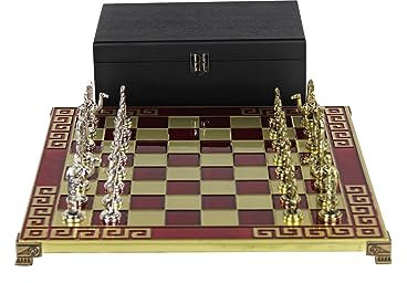 Chessgammon Schachspiel aus rotem Metall mit agyptischen Schachfiguren, 11 Zoll