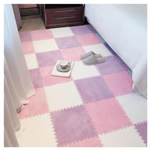 Weiche Ineinandergreifende Teppichfliesen Mit Rand, Quadratisches Fußmatten-Set Aus Plüschschaum, Flauschige Puzzle-Spielmatten, Teppiche, 12 X 12 Zoll (10 Stück)(Color:Weiß+Rosa+Lila)