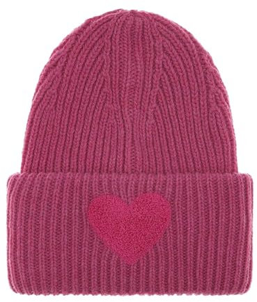 Zwillingsherz Slouch-Beanie-Mütze aus Wolle - Hochwertige Strickmütze mit flauschigem Herz für Damen - Hat - OneSize - warm und weich für Frühling Herbst und Winter