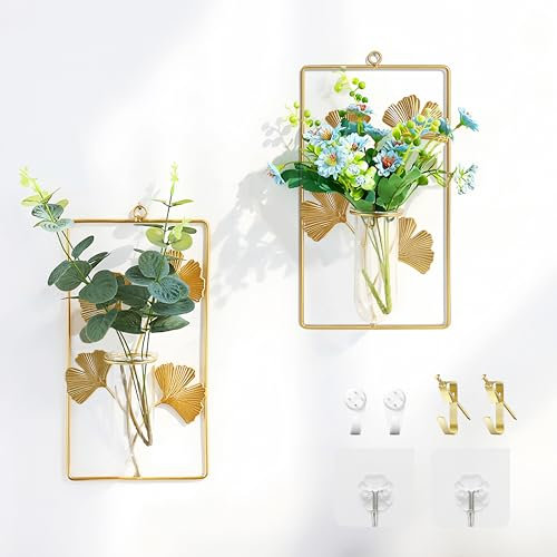 NIUKOMY 2 Stück Reagenzglas Vase Gold, Wanddekoration Blumenvase, Wandmontage Hydrokultur-Pflanzgefäß, Wandvasen für Pflanzen Innen, Geometrische Metallvase mit Ginkgoblatt (Pflanzenfrei)