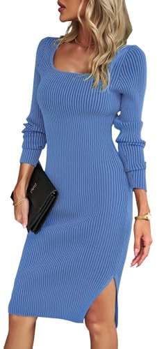 Elegant Strickkleid Damen Schlitz Figurbetontes Rippstrick Pulloverkleid | Langes Herbst-Winterkleider mit U Ausschnitt Party Kleid, Langarm Einfarbig Pulli Kleider, Warm Freizeitkleid