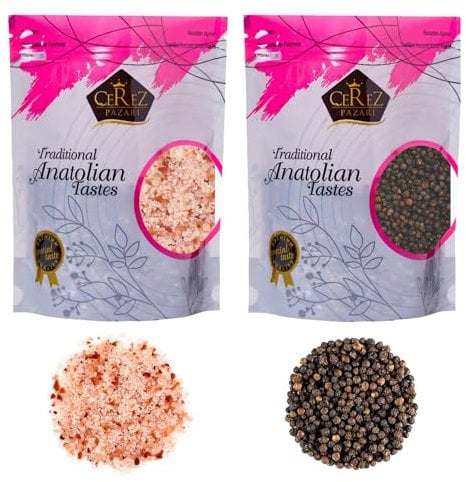 Cerez Pazari Whole Black Peppercorns 250g, Himalayan Pink Salt (Coarse Grain) 650g, Premium Quality, Freshly Packed For Grinder Refill, Resealable Bulk Bag, Non-GMO and Gluten Free