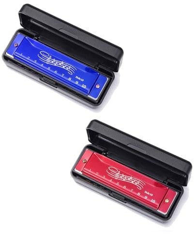 2 Stück 10 Holes Diatonic Blues Harmonica, 10 Löcher 20 Töne Mundharmonika, Mundharmonika, für Professionelle Spieler, Anfänger, Studenten, Erwachsene, Kinder– Blau/Rot