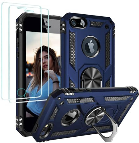 Jeylly for iPhone SE 2016 Case, iPhone 5/5s Case with 2Pcs Screen Protector, Shock Absorption Drop Protection Rugged Cover with Rotatable Metal Ring Stand [Support Magnetic Car Mount], Blue/Black