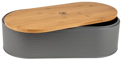 KARL HAUSMANN Boite a Pain Inox Gris avec un Couvercle en Bambou - 43,5x20x11,5 cm - Huche à Pain Ovale - Boîte à Pain Moderne - Rangement Pain - Bread Box - Boit Pain - Coffre à Pain - Niche