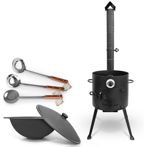 Utschak Feuerofen Set Ø 36 cm + Kazan 10L Flacher Boden - Usbekische Plov Feuerstelle mit Wok Kochtopf, Thermometer & Schaumlöffel | Outdoor Küche für Lagerfeuer & Garten Учаг