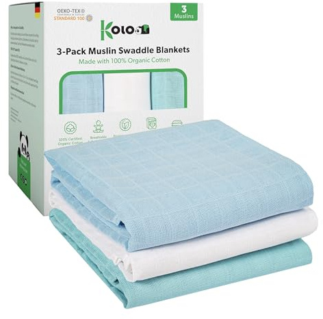 Kolo Juego de 3 paños de gasa para bebé, 70 x 70 cm, suaves, absorbentes, de algodón Öko-Tex® Standard 100, azul claro, azul y blanco