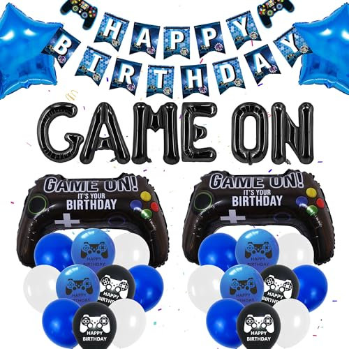 Gaming Birthday Decorations for Boys - Video Game theme Party Supplies, Blue Black Game Balloons, Controller foil Balloons, Gamer Birthday Party Decor