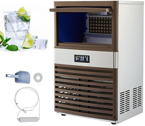 CREWORKS Commercial Ice Machine, Industrial Ice Maker Machine, Freestanding Stainless Steel Ice Cube Machine 55 pc Ice Cubes with Large Storage(88.45KG 195LB/24H)