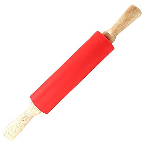 FLEXMAN 15Inch Silicone Rolling Pin, Wooden Handle Revolving Nonstick Silicone Rolling Pin, Dough Pastry Baking Tool for Making Pancake, Dumpling, Pastries (Rojo)