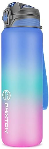 PHIXTON Trinkflasche, 1L BPA-Frei Tritan Wasserflasche mit Strohhalm, Trinkflasche Sport Auslaufsicher mit Zeitmarkierung und Bürste, Sportflasche für Fitness, Schule, Yoga, Outdoor