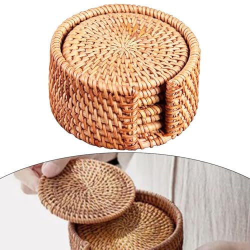 Lot de 6 dessous de verre en osier tissé à la main, dessous de verre rond en rotin isolant thermique, ensemble de supports de rangement en osier, sets de table tissés