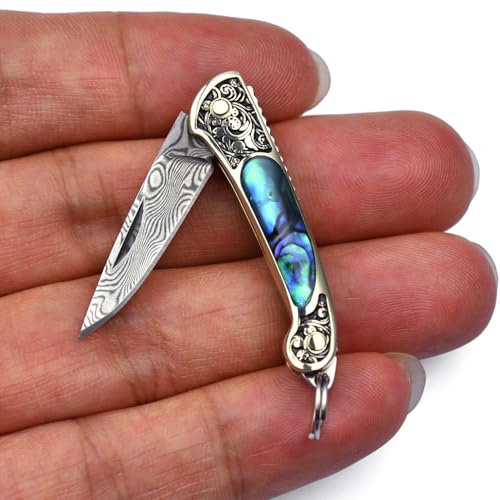 JPCRMOV Damast Klappmesser Super Leicht Mini Messer nur 9g, Kleines Taschenmesser Damaststahl Klinge, Tragbar Outdoor Survival Messer Schlüsselanhänger Kompakt EDC Knife (Bunte Abalone-Schale)