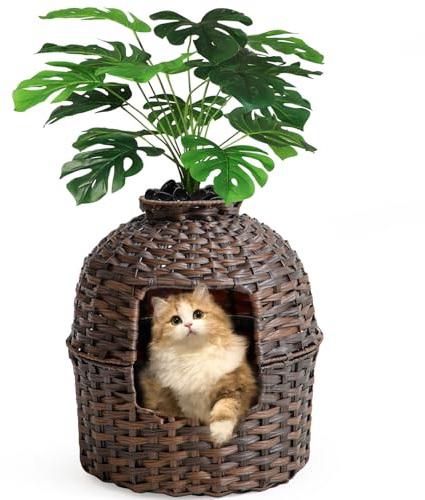 SETVSON Katzentoilette Möbel - Versteckte Katzentoilette mit Kunstpflanzen, Rattan-Gehege, Wohnzimmer (Braun)