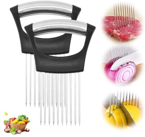 Stainless Steel Onion Slice Holder, 2024 Upgraded Onion Holder for Slicing, Multifunctional Lemon Slicer Onion Cutter, Loose Meat Pin Vegetable Chopper Slicing Tool for Potato Tomato (2PCS)