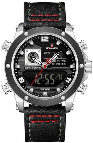 NAVIFORCE Dual-Display-Uhren für Herren, Leder, luxuriös, Militär, wasserdicht, lässig, Sport, Digitaluhr (Silber)