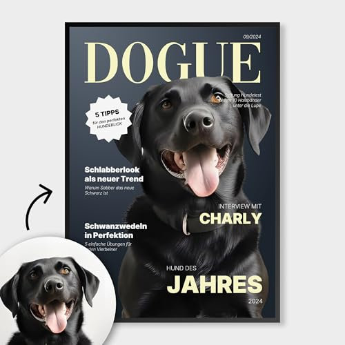 WAUZY Personalisiertes Poster DOGUE mit Hund | Geschenk für Hundebesitzer - Wandbild mit Echtholzrahmen & Fotopapier (DOGUE Alternativ)