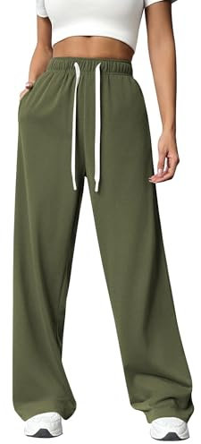 PINSPARK Jogginghose Damen Sporthose Lang Baggy Traininghose High Waist Freizeithose Lockere Sweatpants mit Elastischem Bund Weites Gerades Bein Yoga Gym Hose Laufhosen Armeegrün S