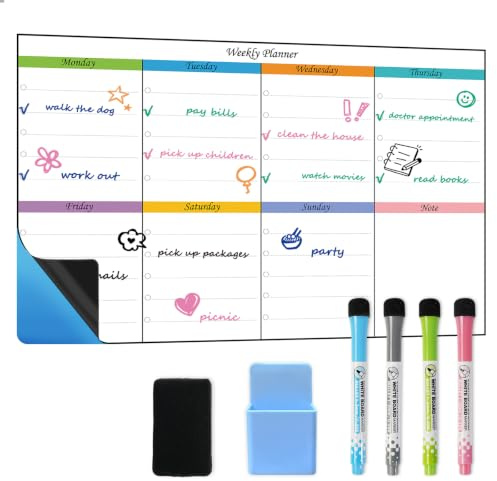 POPRUN Weekly Planner Whiteboard for Wall, Self Adhesive, Wipeable, A3 | Daily Plan, Schedule Board, Family Organiser, for Homework, School, Study, Kitchen, Bedroom