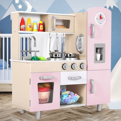 Clevich Puppenküche Holz, Kinderküche aus Holz, Spielzeugküche mit zubehör, inklusive Eismaschine, Telefon, Uhr, Backofen, Rollenspielküche für Kinder, Kinderspielzeug, Babyspielzeug Spielküche, Rosa