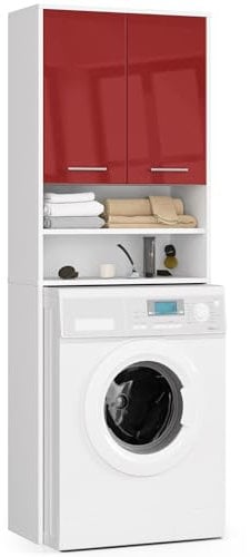 AKORD Hängender Waschmaschinenschrank überbauschrank | Waschmaschienenüberschrank | B64 x H180 x T30 cm, Gewicht 30 kg, Umbauschrank mit 2 Türen, 2 offene Ablagefächer Weiß & Rot Glänzend Front