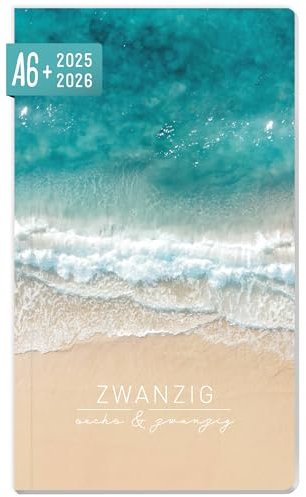 Häfft® Monatskalender 2025/2026 A6+ Slim Summer Beach 1 Monat auf 2 Seiten, Taschenkalender für 17 Monate: Aug. 25 - Dez. 26, Monatsplaner klein - nachhaltig & klimafreundlich
