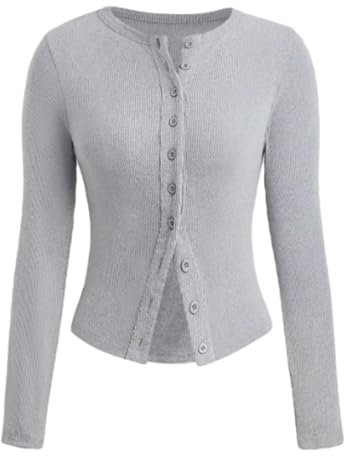 CocMouse Women's Slim Fitted Cardigan Ribbed Knit Button Down Shirt Long Sleeve Y2K Crew Neck Going Out Tops Streetwear (Gray, S)