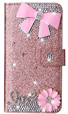 For iPhone 5 /5S/SE 2016/ iPhone SE 1st Gen Case PU Leather Wallet Case Glitter 3D Pink bow flower diamond Girl Women Cover Case Folio Stand with Closure Card Slots Magnetic Buckle Flip Case,Rose Gold