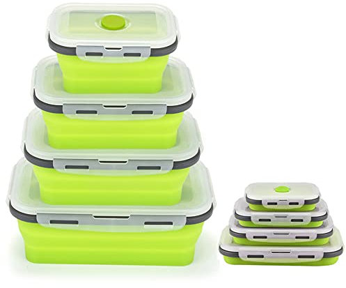 Contenedores plegables de silicona para almacenamiento de alimentos, paquete de 4 recipientes reutilizables, sin BPA, aptos para microondas y horno, ahorro de espacio, a prueba de fugas, ideal para