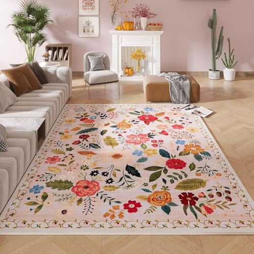 Sedefen Teppich Beige 120x160 cm Kurzflor Blumen Boho Rutschfester Waschbarer Flauschig Teppich Wohnzimmer Schlafzimmer Kinderzimmer Küche
