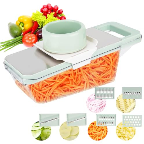 YYTECH Gemüsehobel Edelstahl, 7 in 1 Multifunktional Panel Gemüsehobel, Gurkenhobel, Dünne Scheiben, Zwiebelschneider, Gemüseschneider, Vegetable Chopper Dicer mit Abflusskorb und 6 Klingen