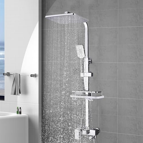 Colonne de Douche, Colonne de Douche Thermostatique Hauteur Réglable 85-125cm, Ensemble de Douche pour Salle de Bain, Carré, Panneau de Douche en Acier Inoxydable (Trois modes de sortie d'eau Argent)
