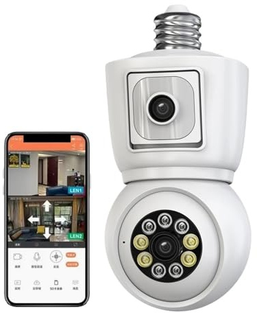 Security Camera Outdoor, 4K 8MP E27 Bulb Camera Dual Lens Dual Screen Auto Tracking Two Way Audio Color Night Vision Outdoor Security Camera Home Security WiFi Camera with Pan-Tilt View(8MP Add 128G C