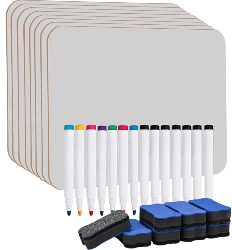 Kioneer 8 Pack Double Sided Mini A4 Whiteboard for School Home Office | With 16 Pens and 8 Erasers,Easy to Clean,Durable,Portable for Teaching,Interactive,Practice,Drawing and Homework